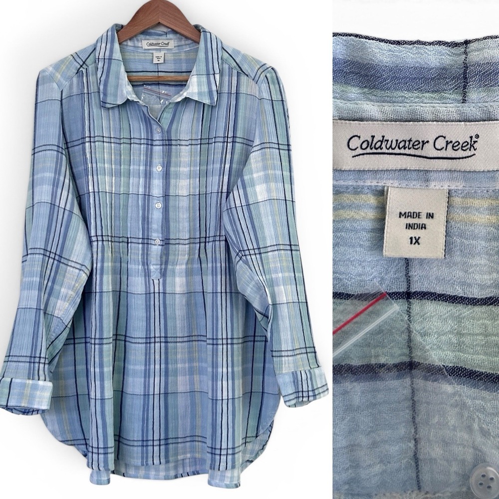 Coldwater Creek 1X Blue Multicolor 100% Cotton Ripple Creek Plaid Popover NWOT